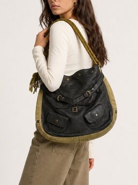 Auth Rare Fendi vintage Green suede & Leather Hobo Bag rope strap Boho slouchy